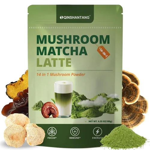 Mushroom Matcha Latte, té verde matcha ceremonial en polvo con 14 hongos, probióticos y polvo MCT, melena de león, reishi y chaga | Mezcla