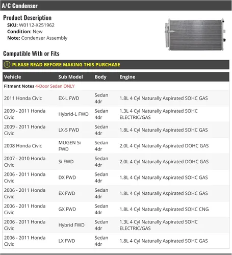 Condensador A/C - Compatible con Honda Civic Sedan 2006-2011 de 4 puertas