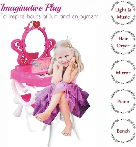 Vista 2 de DIMPLE Juego de 3 piezas de tocador de princesa 2 en 1 para niñas, accesorios de maquillaje con piano de trabajo, secador de pelo y luces