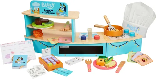Vista 11 de Bluey 8th Wonder - Juego de juguetes de madera para ensalada y barbacoa, 33 piezas con pinzas, comida y 6 tarjetas de recetas, juguetes de cocina