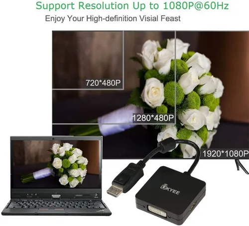 Vista 5 de Adaptador DisplayPort a HDMI VGA DVI, convertidor 3 en 1, 1080P@60Hz, macho a hembra, negro
