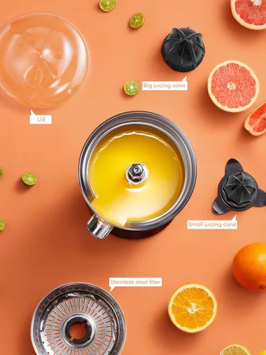 Vista 7 de FOHERE Exprimidor de Jugo de Naranja Exprimidor Eléctrico de Cítricos con Dos Conos Intercambiables Adecuado para Naranja, Limón y Pomelo, Acero
