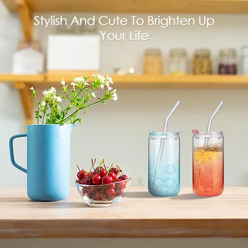 Vista 7 de COMI 6 piezas de vasos de vidrio con tapas y pajitas, vaso de vidrio para café helado, vasos de beber con dos cepillos de limpieza, juego de vasos