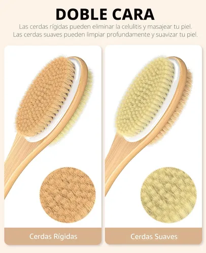 Vista 2 de Metene Cepillo de ducha con cerdas suaves y rígidas, exfoliante corporal de doble cara de mango largo para baño para cepillado húmedo o seco