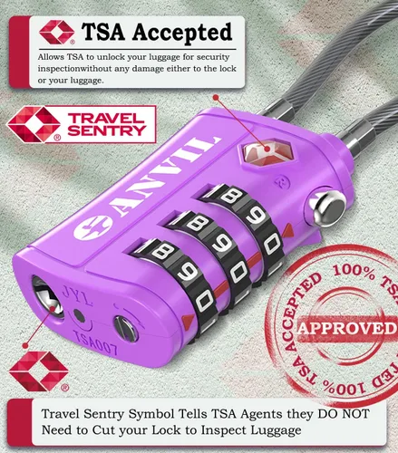 Vista 2 de ANVIL Candado de combinación de 3 dígitos aprobado por la TSA con bloqueo de cable de acero de aleación de zinc, ideal para maleta de viaje