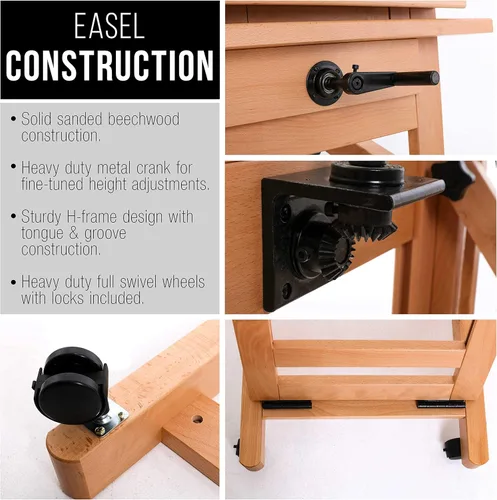 Vista 5 de U.S. Art Supply Caballete de madera extra grande de doble manivela basculante – Caballete de arte ajustable con marco en H doble mástil para pintar