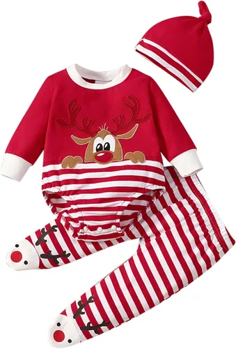TBUIALL Little Girls Clothing Sets Toddler Infant Boys Girls Christmas Stripe Deer Top Pants Hat Set Outfits New Born