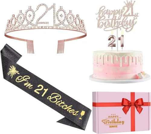 Vista 52 de Decoraciones de cumpleaños de 33 años para mujeres, incluyendo banda de cumpleaños, tiara/corona, velas numéricas y decoración de pastel, regalos