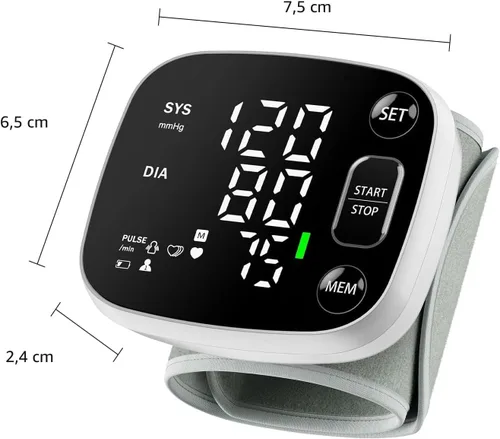 Vista 8 de Oklar - Monitores de presión arterial para uso doméstico, tensiómetro de muñeca recargable con pantalla LED retroiluminada, almacenamiento