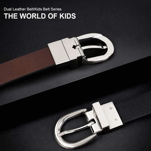 Vista 7 de JASGOOD Cinturón reversible de cuero para niños, cinturón casual para pantalones de mezclilla, uniforme escolar con hebilla rotada, regalo de vuelta