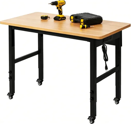 Vista 10 de Banco de trabajo ajustable de 48 pulgadas con tomas de corriente, mesa de trabajo para garaje, banco de trabajo de madera dura de capacidad de 2000