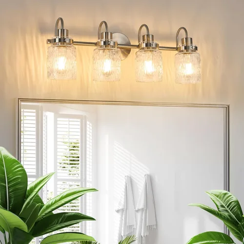 Vista 12 de 2 luces de tocador de baño, lámparas de baño de níquel cepillado con pantalla de vidrio martillado para tocador, sobre espejo, pasillo cepillado