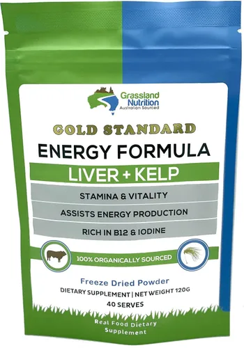 Hígado de res alimentado con pasto con fórmula energética de algas cosechadas silvestres, B12 natural, yodo, hierro y vitamina A (4.23 oz en polvo)