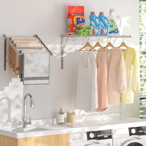 Vista 2 de Estante de secado de ropa montado en la pared, estante retráctil de secado de ropa de 29.92 pulgadas, estante plegable para ropa interior con 6