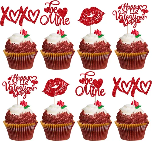 Vista 10 de Paquete de 24 adornos para cupcakes para el día de San Valentín con purpurina de corazón dulce para pies de bebé, decoración de cupcakes para el día