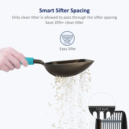 Vista 5 de WePet Cuchara de arena para gatos, tamiz de aleación de aluminio chapado antiadherente, cuchara de metal duradera para gatitos, pala profunda, mango