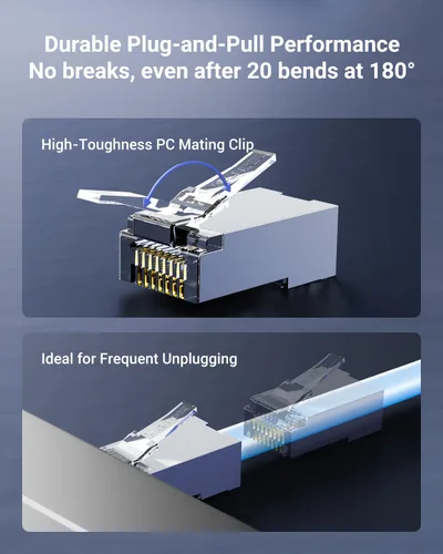 Vista 4 de VCE Conectores RJ45 Cat6 Blindados de Paso Paquete de 25, Conector Final RJ45 8P8C Cat 6/Cat 5e de 3 Puntas Enchufe Modular Ethernet Chapado en Oro