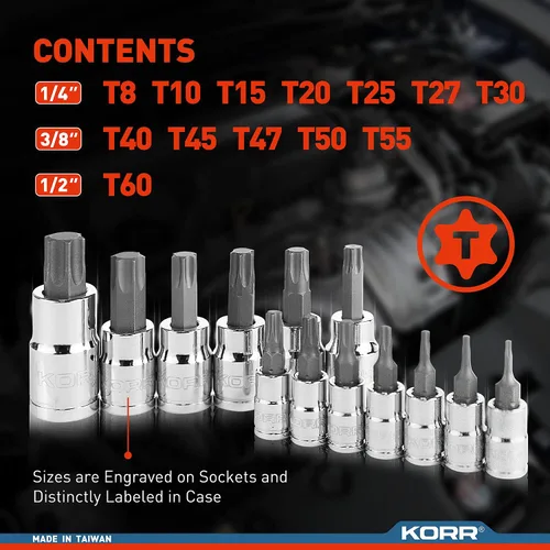 Vista 3 de KORR Tools KSS004 - Juego de llaves de vaso Torx de 13 piezas, tamaños de T8 - T60 1/4 pulgadas, 3/8 pulgadas y 1/2 pulgadas