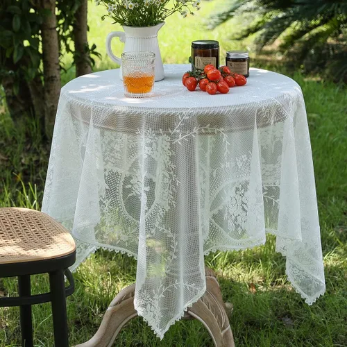 Vista 3 de vctops Mantel cuadrado pequeño con bordado de flores de encaje, elegante superposición de encaje blanco, rústico, fiesta de boda, hogar, gabinete