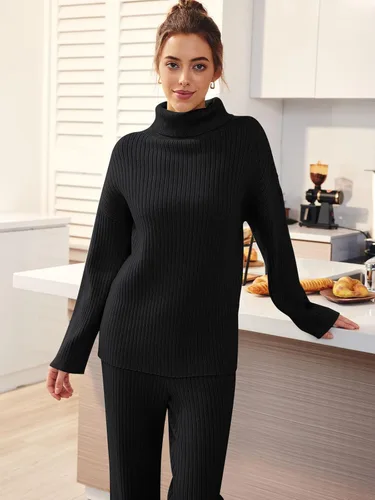 Vista 2 de LILLUSORY Conjunto de 2 piezas para mujer, suéteres de cuello alto, conjunto de descanso y pantalones de pierna ancha, conjuntos de sudadera