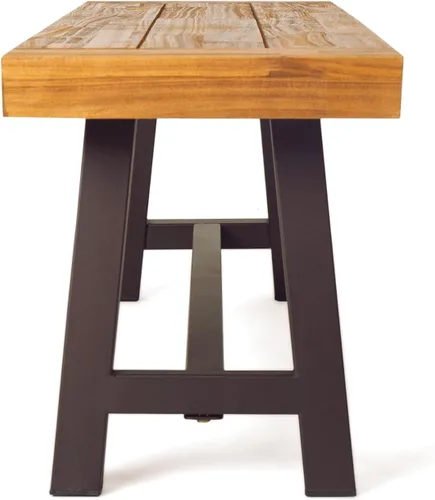 Vista 6 de Banco colonial para exterior, acabado lijado, de acacia y metal rústico