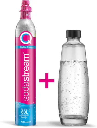Vista 2 de SodaStream Paquete de repuesto QC con 1 cilindro de CO2 de conexión rápida, rendimiento: 60 L, 1 botella de vidrio de 1 litro, rosa, 10.8 x 6.3 x