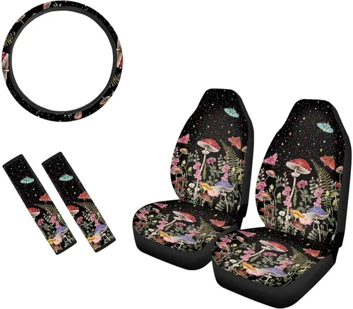Vista 7 de JEOCODY Colorido leopardo 2 fundas de asiento de coche con 1 funda para volante, 2 almohadillas para cinturón de seguridad, 5 piezas universales