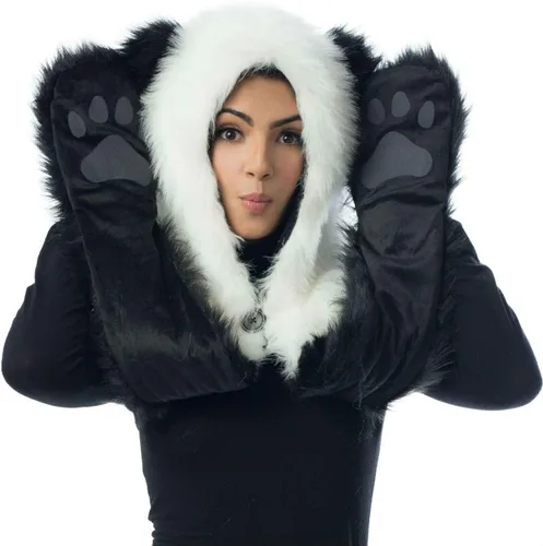 Vista 3 de Panda Animal Hood manoplas guantes bufanda sudadera con capucha peluda Blanco y Negro