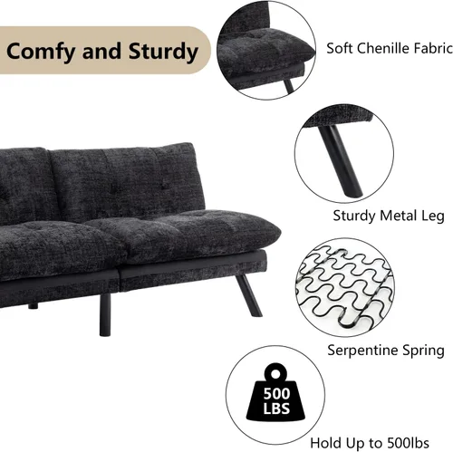 Vista 6 de Sofá cama futón, sofá cama convertible moderno de felpilla con respaldo ajustable, sofá de 2 plazas para espacios pequeños, sofá biplaza tapizado