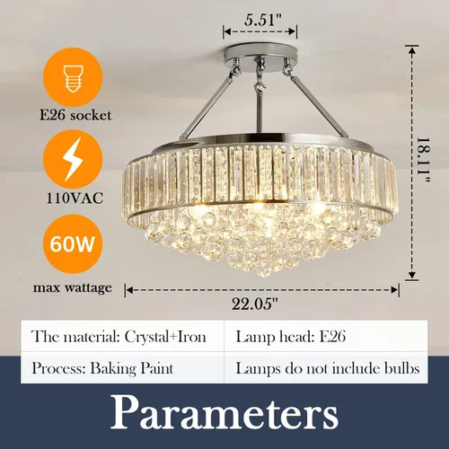 Vista 2 de YYJLX Lámpara de araña de cristal redonda grande moderna de 6 luces, cromada, de montaje semiempotrado, lámpara de techo E26 para comedor, sala