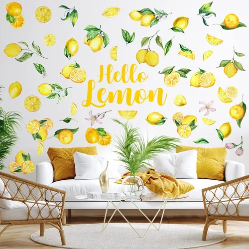 Vista 3 de Haull 6 hojas de calcomanías de pared de limón de verano, calcomanías de pared de limón para despegar y pegar, calcomanías bohemias de hojas