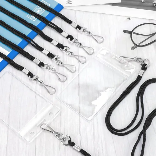 Vista 7 de 100 soportes verticales de plástico transparente para tarjetas de identificación y 100 cordones negros para el cuello con gancho giratorio