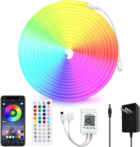 segrass Luces de Cuerda LED de Neón RGB de 32.8 pies 24V, Luces LED de Neón con Control Remoto, Control por APP, IP65 Impermeable, Tira de Luces LED