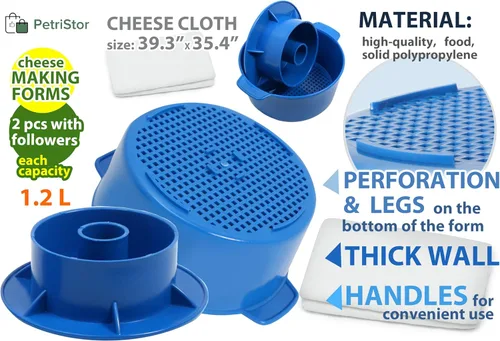 Vista 2 de PetriStor Kit de fabricación de quesos – 2 piezas de molde de queso con un pistón seguidor azul y gasa de algodón – Cesta para hacer queso – Paneer