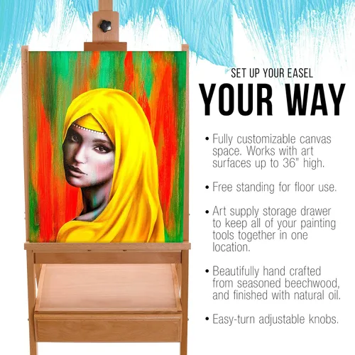 Vista 5 de U.S. Art Supply Large Wooden H-Frame Easel with Storage Drawer & Shelf - Adjustable Mast to 75", Studio Artist Easel for Painting, Drawing