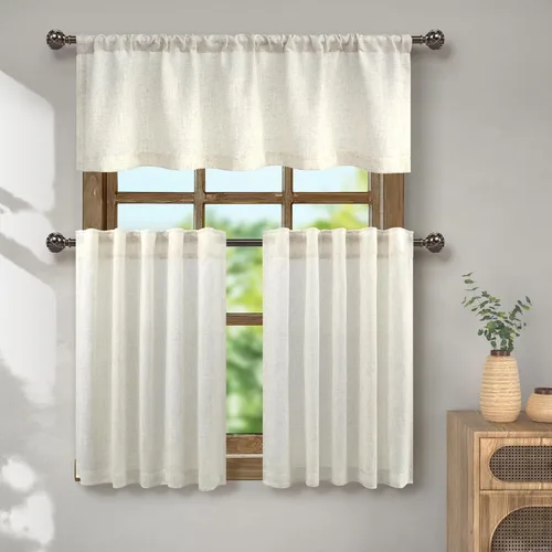 Pitalk Cortinas de lino natural de 30 pulgadas para cocina y cenefa transparente de lino natural de 18 pulgadas para cortinas de ventana, paquete
