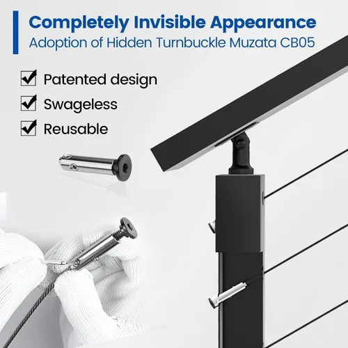 Vista 5 de Muzata Kit completo de barandilla de cable de montaje lateral negro de 3 pies a 6 pies 6 pies 6 pulgadas, sistema de barandilla de cable de 42