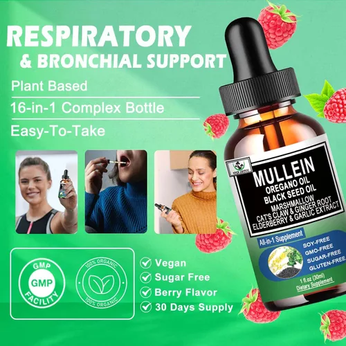 Vista 4 de Gotas de gordolobo orgánico 16 en 1 para pulmones Extracto de hoja de gordolobo con aceite de orégano con aceite de semilla negra Gotas líquidas