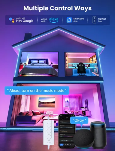Vista 6 de Tira de luz LED RGB+IC, luz LED inteligente de 16.4 pies para dormitorio, control de aplicación Bluetooth, tira de iluminación LED que cambia