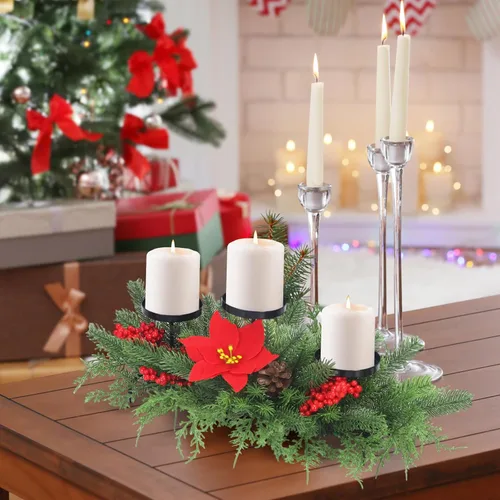 Vista 3 de Candelabro de corona de Adviento de Navidad para decoración de centro de mesa, arreglos de Navidad con 3 portavelas, bayas rojas piñas, mesa