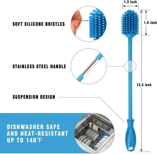 Vista 4 de Cepillo de silicona para botellas con mango largo, limpiador de botellas de agua para biberones, Hydro Flask, botellas deportivas, jarrones