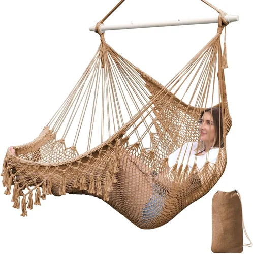 Vista 13 de Chihee - Silla de Hamaca Extra Grande, Sillas Colgantes Suavemente Tejidas con Cuerda de Algodón, Barra de Metal Plegable y Resistente, Asiento