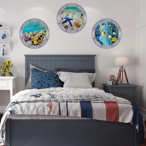 Vista 4 de 3 calcomanías de animales del océano, decoración de pared, calcomanías de pared para despegar y pegar, patrones de peces, tortugas oceánicas