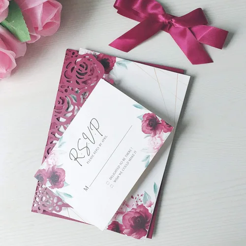 Vista 3 de 20 tarjetas de invitaciones de boda de flora cortadas con láser triples de 5.1 x 7.1 pulgadas con sobres y cintas para boda, despedida de soltera