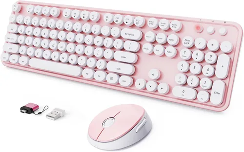 Vista 14 de Combo de teclado y mouse inalámbricos, teclado ergonómico de tamaño completo con diseño retro tipo máquina de escribir, con teclas redondas, Blanco