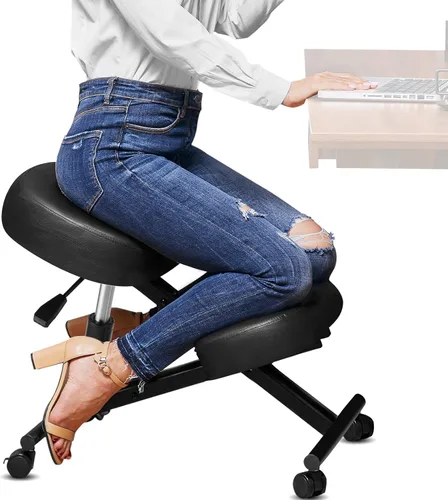 Silla ergonómica de oficina, taburete ajustable en altura con cojines de espuma gruesos y ruedas deslizantes suaves para mejorar la postura y