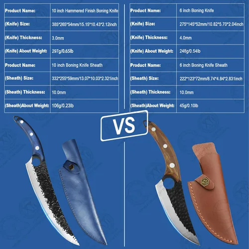 Vista 7 de XYJ FULL TANG Cuchillo de deshuesado de acero inoxidable de 10 pulgadas, cuchillos de pesca para chef, funda de cuero, cuchillos de cocina al aire