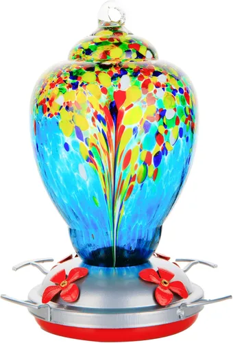 WOSIBO Comedero para colibríes para exteriores, patio, grande, 32 onzas, comedero para colibríes de vidrio soplado a mano colorido con foso