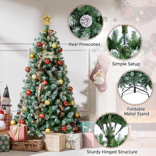 Vista 4 de Yaheetech Árbol de Navidad artificial de 4.5 pies, árbol de Navidad flocado con 35 piñas, 412 puntas esmeriladas, árbol predecorado para decoración