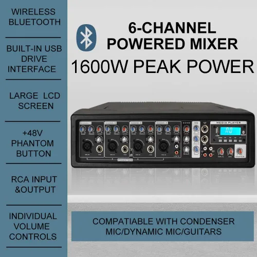Vista 2 de PRORECK MX10 - Mezclador de sonido de 1600 W, Bluetooth, 6 canales, con parlantes pasivos de 10 pulgadas, sistema PA